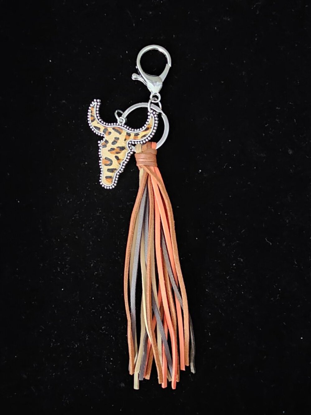 Western Tassel Leather Fringe Boho Steer Bull Head Keychain Bag Charm New